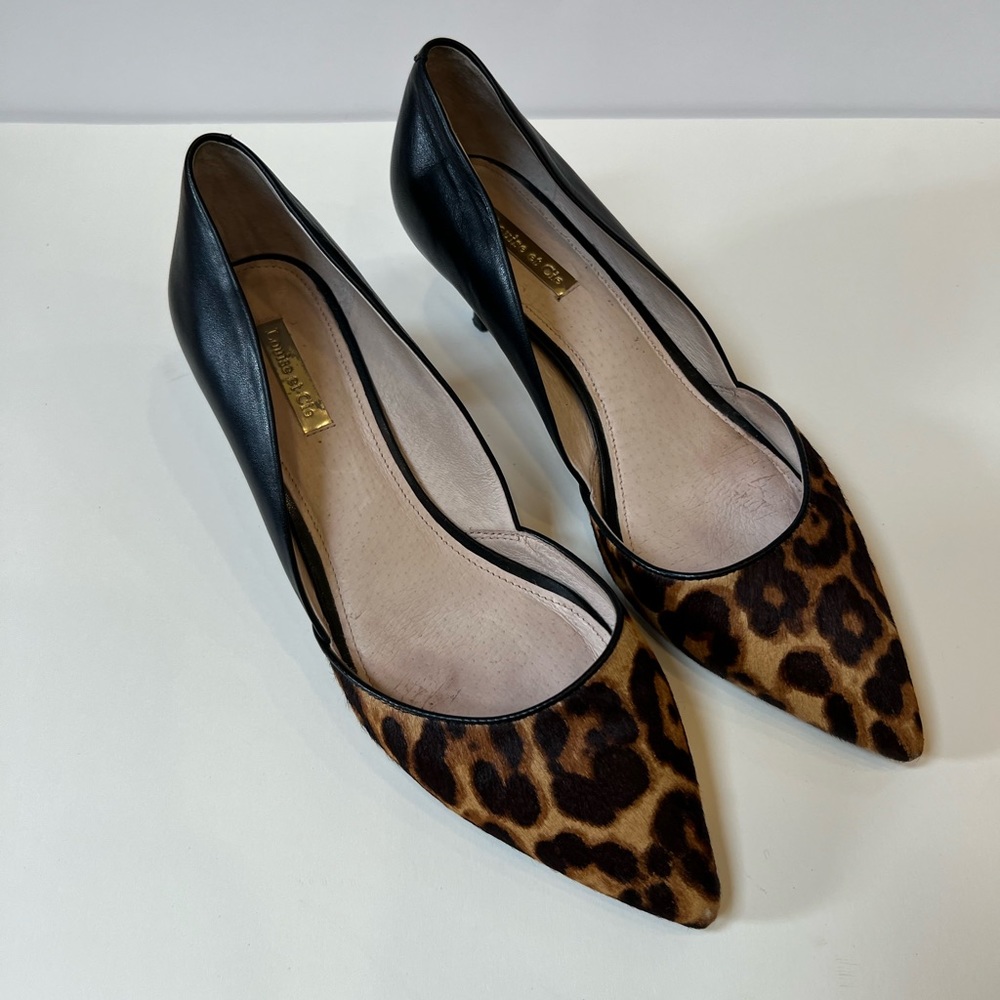 Louise Et Cie Kitten Heel Leather Heels with Calf Hair Leopard Print Toe 9.5 - Picture 11 of 11